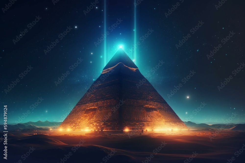 Sci-fi space background with pyramid. Science and technology platform on a galactic planet, stars, nebulae, night view, space. Ancient Egyptian pyramid, architecture, neon light. AI. Generative AI