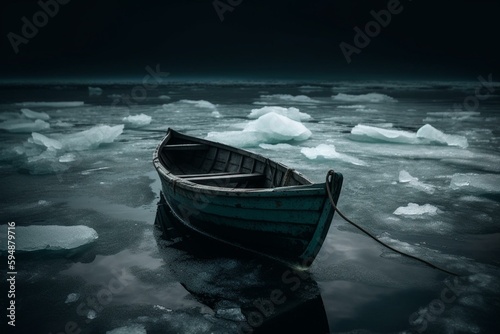 Fényképezés small rowing boat between ice floes in a spooky mood, generative ai