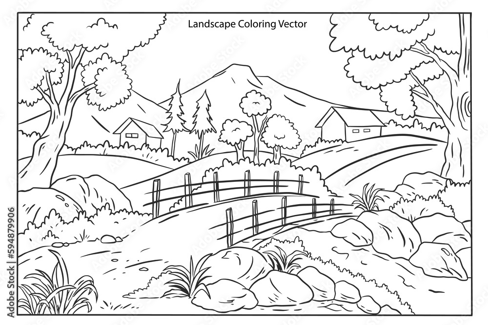 Coloring page for kids with landscape theme Stock Vector | Adobe Stock
