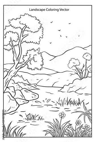 Coloring page for kids with landscape theme