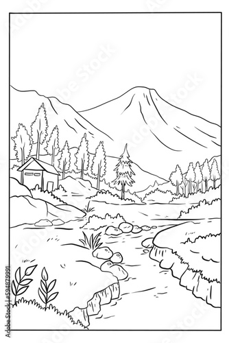 Coloring page of a mountain scene with a river and a house in the background.