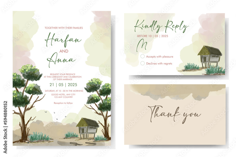 A wedding invitation with nature landscape theme