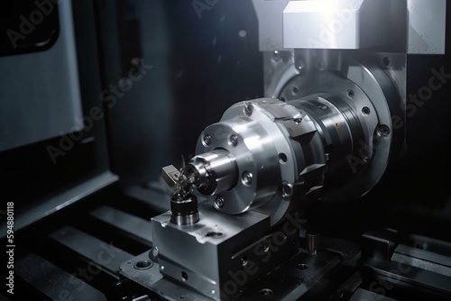 Metalworking CNC lathe milling machine. Cutting metal modern processing technology. Generative AI