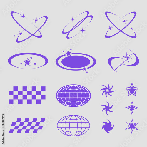 abstract shape element for street wear and y2k t shirt design, purple globe, star, oval sparkle star 