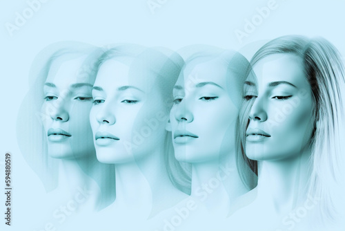 Four female faces in an abstract rendering in light blue