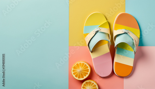Flip flops on a bright background in summer concept with Generative AI