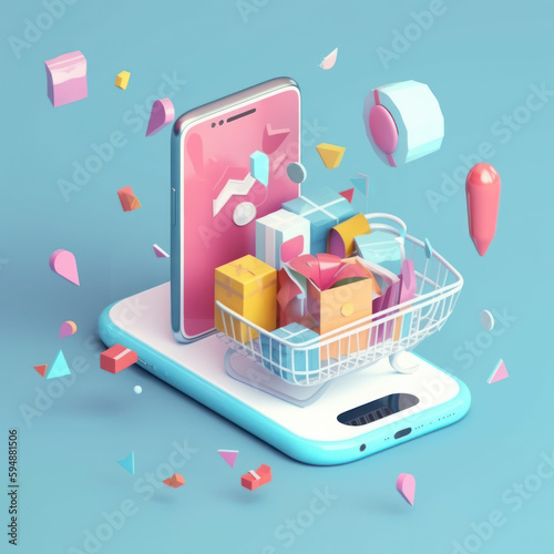 shopping cart on mobile phone design multi-dimensional perspectives, organic and geometric shapes, hyper-realistic minimal 