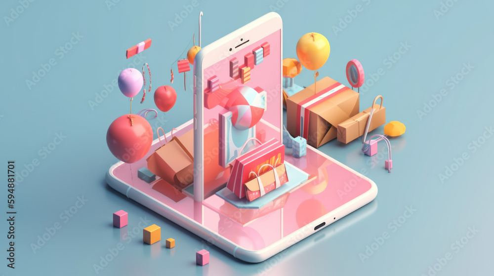 Fototapeta premium shopping cart on mobile phone design multi-dimensional perspectives, organic and geometric shapes, hyper-realistic minimal 
