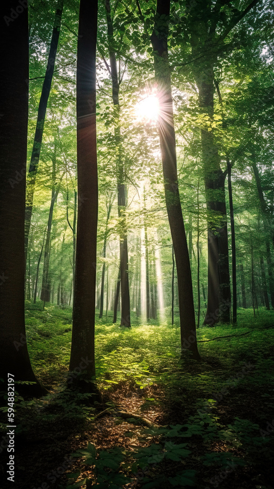 Fototapeta A dense forest, with immense trees reaching towards the sky. Sunlight filters through the leaves, creating magical light patterns - generative AI