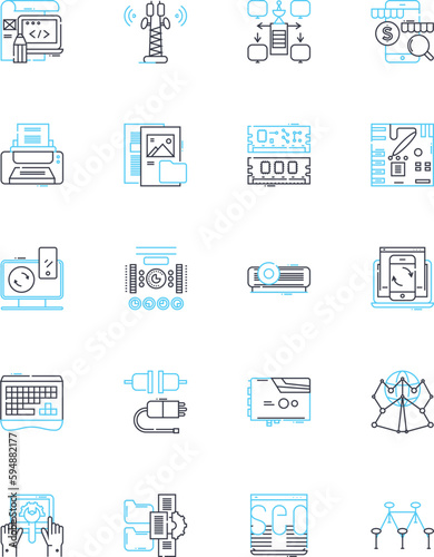 Information processor linear icons set. Processor, Computer, Data, Software, Algorithm, Storage, Memory line vector and concept signs. Program,Calculation,Efficiency outline illustrations