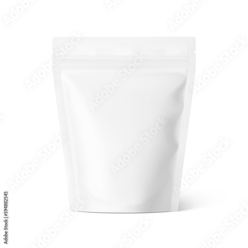 Food pouch stand up bag mockup. Vector illustration isolated on white background. Front view. Can be use for template your design, presentation, promo, ad. EPS10.	