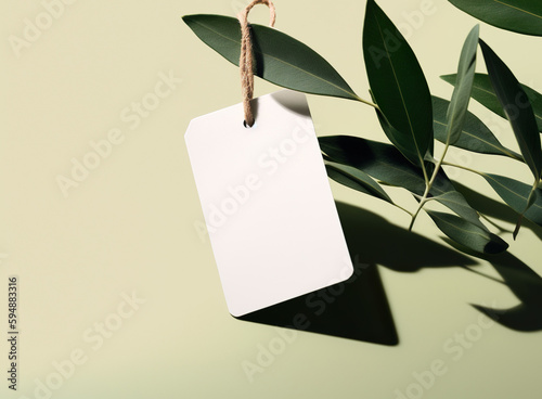 Blank empty mockup of tag label on green plant for branding natural organic shop, minimal eco friendly concept, generative ai