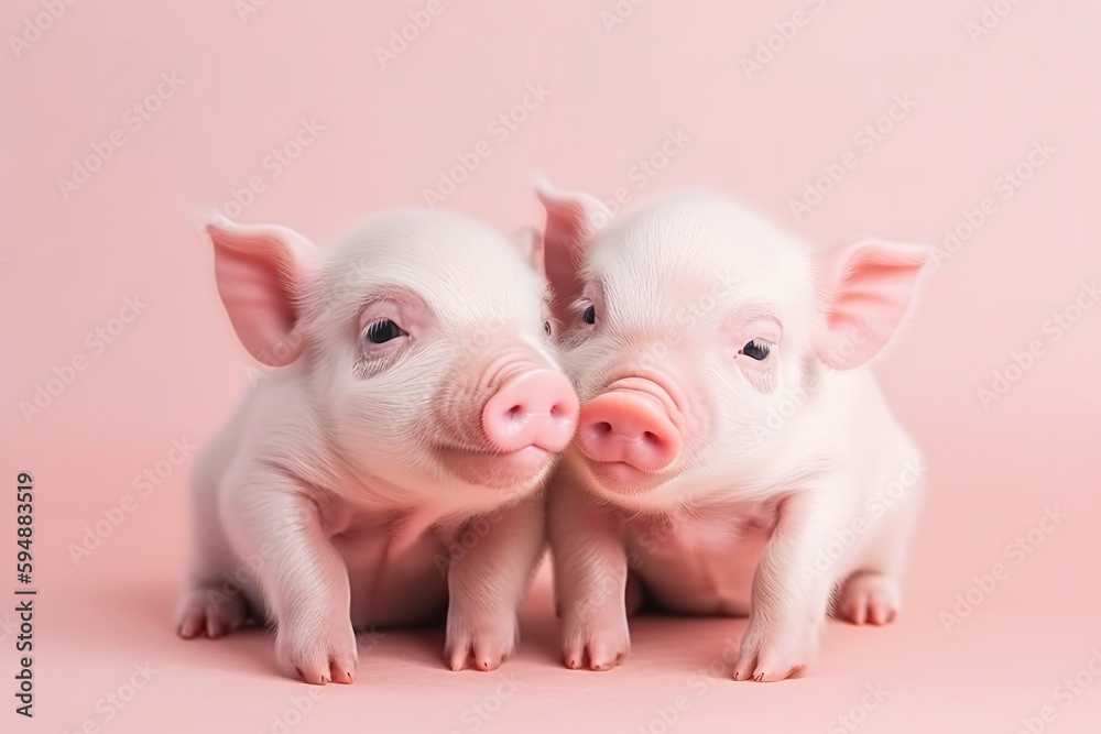 Animal creative minimal love concept of a small cute pigs animals on a pastel background. Cute little couple baby piglets. Illustration, Generative AI.