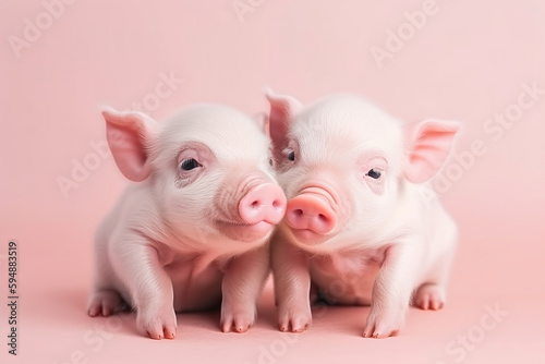 Animal creative minimal love concept of a small cute pigs animals on a pastel background. Cute little couple baby piglets. Illustration, Generative AI.