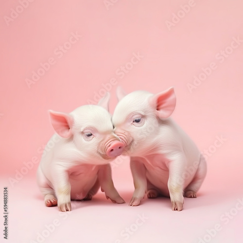 Animal creative minimal love concept of a small cute pigs animals on a pastel background. Cute little couple baby piglets. Illustration  Generative AI.