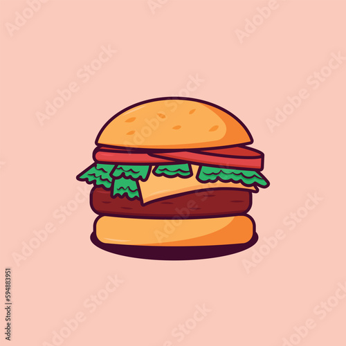 Cartoon Burger With Lettuce, Tomato And Cheese. Vector Hand Drawn Illustration cheeseburger