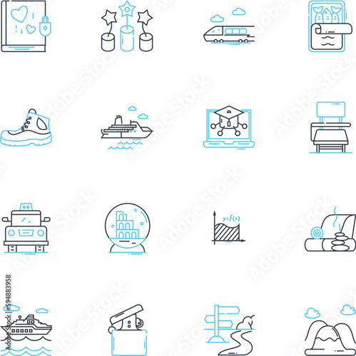 Peaceful escape linear icons set. Serenity, Tranquility, Calmness, Relaxation, Solitude, Sanctuary, Retreat line vector and concept signs. Peacefulness,Harmony,Seclusion outline illustrations