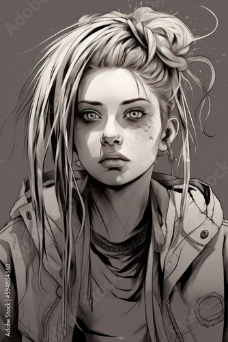 Pastel Punk Sparkle: Grayscale Childish Face in Clean Line Art Generative AI photo