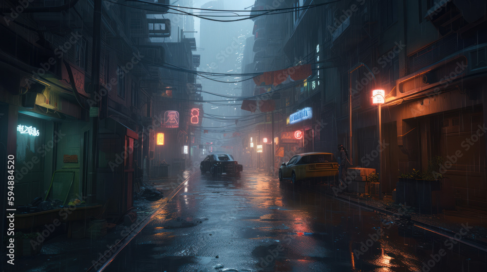 A cyberpunk alleyway in the rain flickering neon l, Generative AI