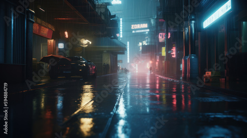 A cyberpunk alleyway in the rain flickering neon l, Generative AI