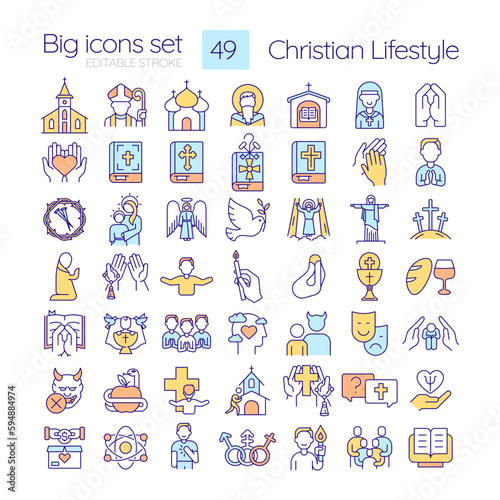 Christian lifestyle RGB color icons set. Religious traditions in modern life. Spiritual practices of worship. Isolated vector illustrations. Simple filled line drawings collection. Editable stroke