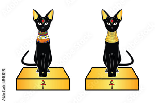 ancient Egypt black cat or pharaoh cat sit down at golden stand with colorful jewel necklace and gold necklace drawing in cartoon vector