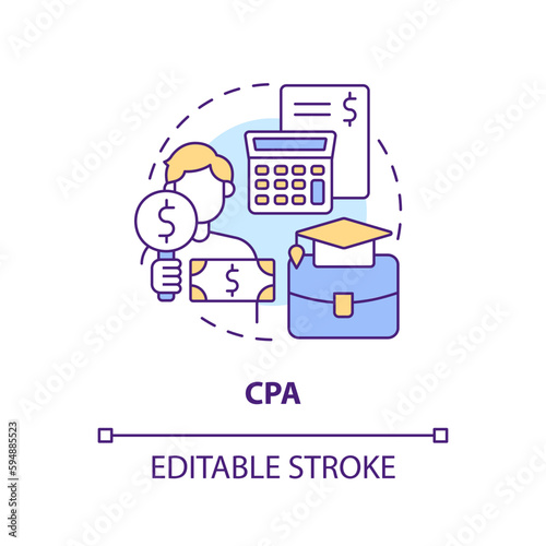 CPA concept icon. Certified public accountant. Educated specialist. Accounting career abstract idea thin line illustration. Isolated outline drawing. Editable stroke. Arial, Myriad Pro-Bold fonts used