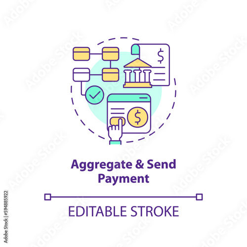 Aggregate and send payment concept icon. Transaction processing. How ACH work abstract idea thin line illustration. Isolated outline drawing. Editable stroke. Arial, Myriad Pro-Bold fonts used