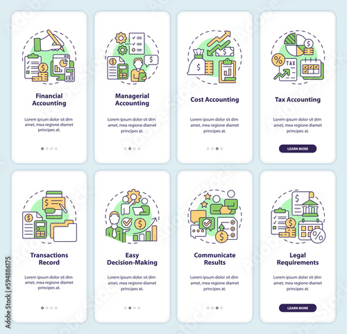 Accounting onboarding mobile app screen set. Types and importance walkthrough 4 steps editable graphic instructions with linear concepts. UI, UX, GUI template. Myriad Pro-Bold, Regular fonts used