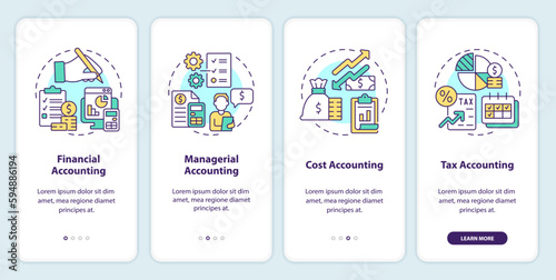 Financial accounting onboarding mobile app screen. Walkthrough 4 steps editable graphic instructions with linear concepts. UI, UX, GUI template. Myriad Pro-Bold, Regular fonts used