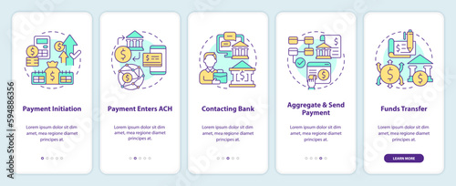 Automated clearing house process onboarding mobile app screen. Walkthrough 5 steps editable graphic instructions with linear concepts. UI, UX, GUI template. Myriad Pro-Bold, Regular fonts used photo