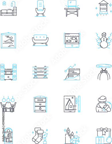 Cafe lounge linear icons set. Cozy, Relaxing, Elegant, Charming, Inviting, Chic, Sophisticated line vector and concept signs. Stylish,Trendy,Modern outline illustrations