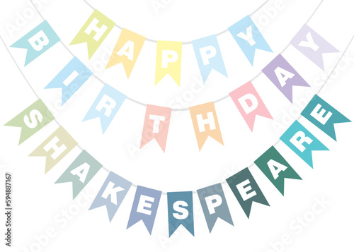 A vector birthday bunting illustration for William Shakespeare in multicolor on an isolated white background