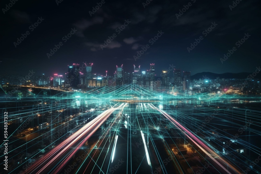 Smart digital city with high speed light trail of cars of digital data transfer ai art. Generative AI