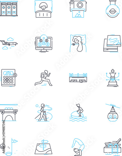 Work break linear icons set. Rest, Refresh, Relaxation, Recharge, Pause, Refuel, Revitalization line vector and concept signs. Decompression,Unwind,Energization outline illustrations