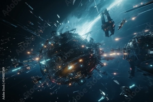 Leinwand Poster Sci-fi scene of space ships in battle,, battlecruisers and fight ships epic batt