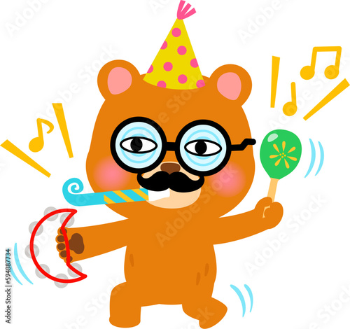 おどけた格好で楽器を鳴らすクマのキャラクター