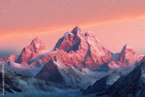 A Mountain Range Covered In Snow At Sunset With A Pink Sky Mountain Range At Sunrise Digital Art Mountains Generative AI