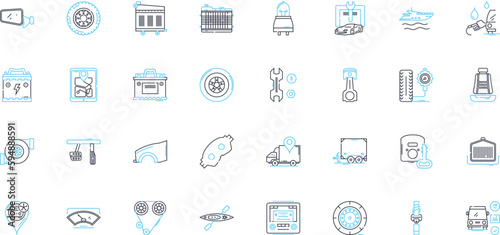 Vehicle repairs linear icons set. Brake, Engine, Transmission, Suspension, Battery, Alternator, Radiator line vector and concept signs. Exhaust,Clutch,Ignition outline illustrations