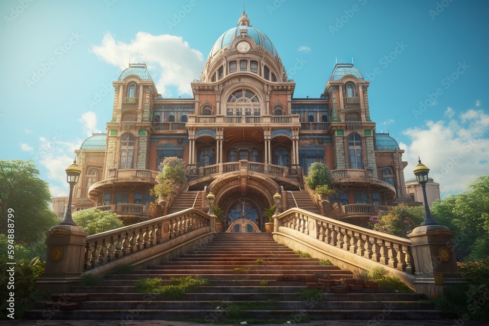 Fototapeta premium A Large Building With A Lot Of Windows And A Staircase Leading To It Old European Palace Rococo Environment Generative AI