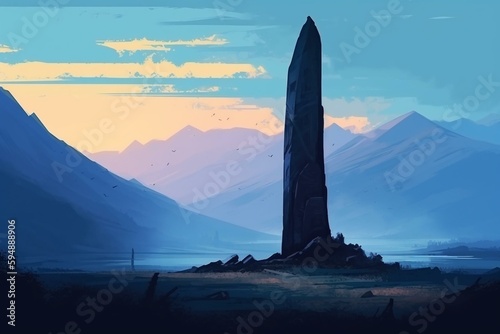 peaceful monolith and mountain. serenity and peaceful landscape. Illustration and Digital concept art. Generative AI