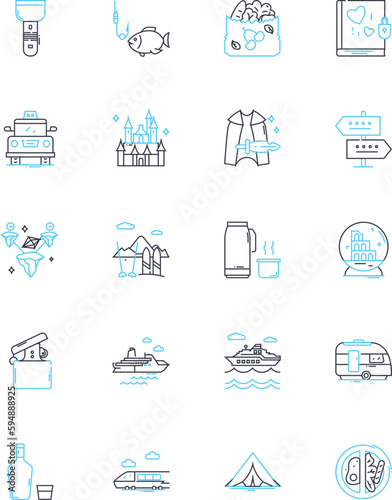 Leisure moment linear icons set. Relaxation, Entertainment, Recreation, Joy, Serenity, Pleasure, Escape line vector and concept signs. Fun,Indulgence,Amusement outline illustrations