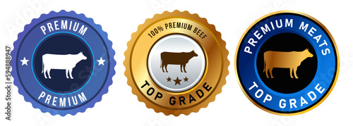 Top grade premium meats beef cow butcher symbol of top grade crown badge label blue golden