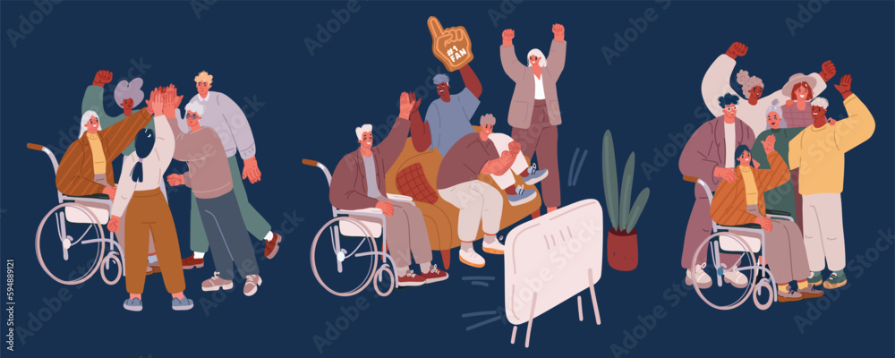 Cartoon vector illustration of Diverse people together. Portraits human group, disability inclusive in social life. Equal working rights, person on wheelchair. Community diversity utter