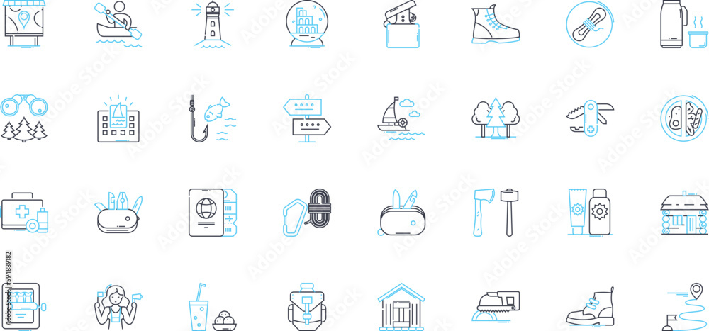 Trekking linear icons set. Adventure, Hiking, Mountains, Trail, Wilderness, Exploration, Nature line vector and concept signs. Backpacking,Trek,Climbing outline illustrations