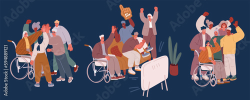 Cartoon vector illustration of Diverse people together. Portraits human group, disability inclusive in social life. Equal working rights, person on wheelchair. Community diversity utter