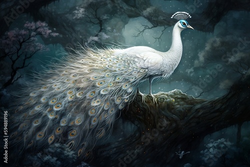 white peacock, mystic dramatic illustration with watercolor style. generative AI