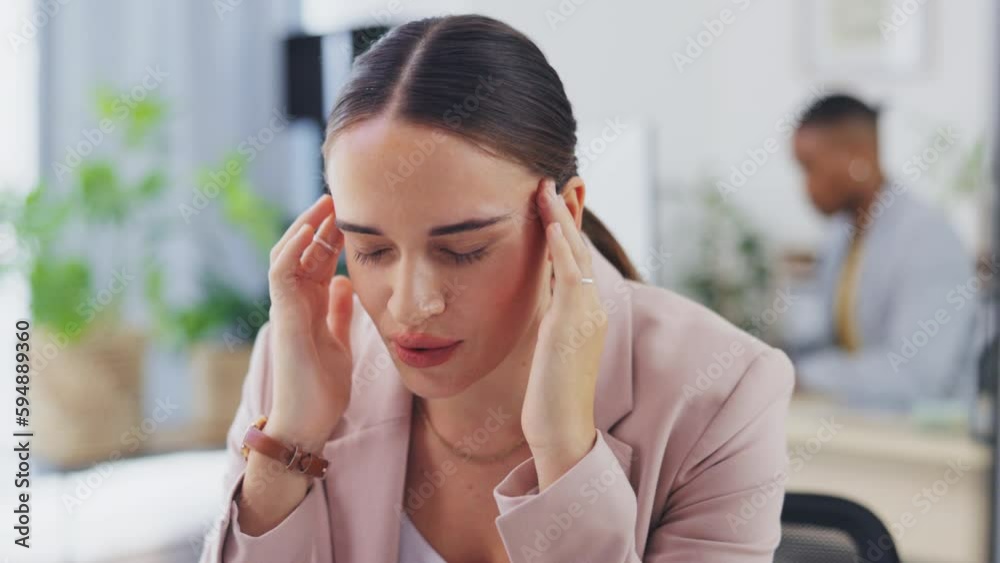 Burnout, office headache and woman stress over business mistake, project deadline or head pain problem. Mental health, fatigue and tired person, female agent or depressed employee with migraine Burnout, office headache and woman stress over business mistake, project deadline or head pain problem. Mental health, fatigue and tired person, female agent or depressed employee with migraine