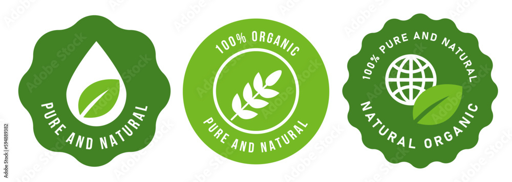 Pure and natural 100 percent organic emblem badge icon set collection green leaf and droplet symbol Pure and natural 100 percent organic emblem badge icon set collection green leaf and droplet symbol