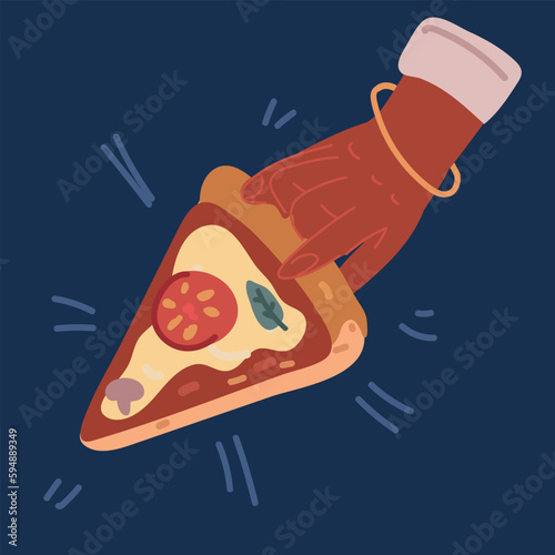 Vector illustration of Hand with triangle pizza slice. Fingers holding, taking Italian fast food piece, snack with pepperoni sausage, cheese, olives and crust.